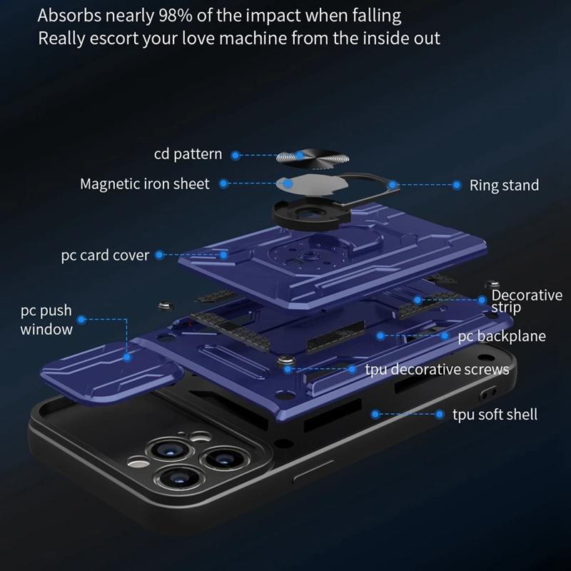 Armor Camera Protect Card Slot Ring Case For iPhone 14 13 12 11 Samsung Galaxy A53 A23 S22 S21 Redmi 10C OPPO Realme A54 A94 Vivo V23E Moto G200 Cover