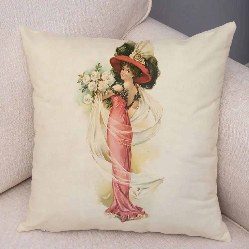 European Lady Cushion Cover Decor Vintage Style Elegant Women Print Pillowcase for Sofa Home Car Soft Plush Pillow Case 45x45cm