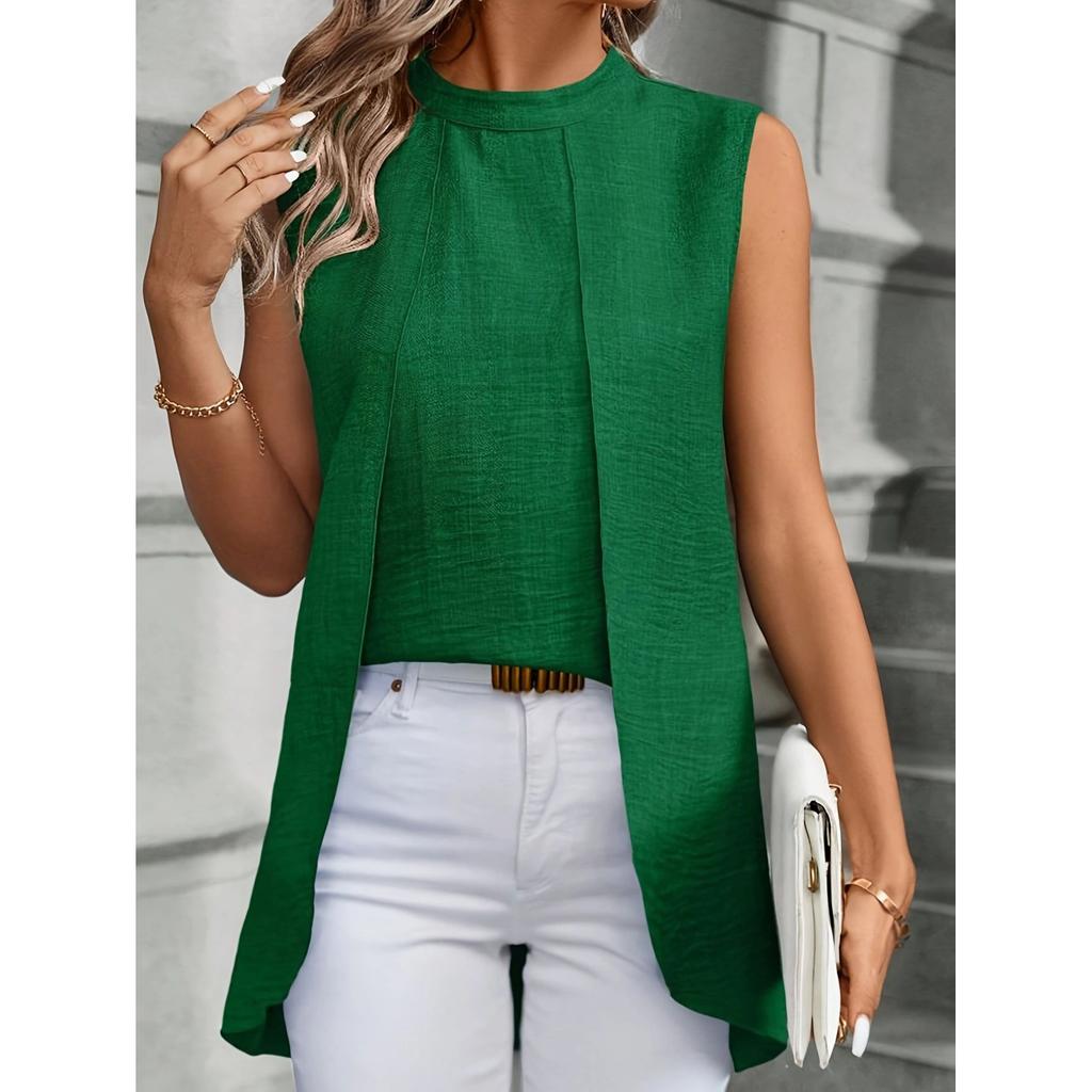 Summer Women's Two Fake Pieces Shirts O-neck Sleeveless Shirt Tops Elegant Solid Blouse Top Femme