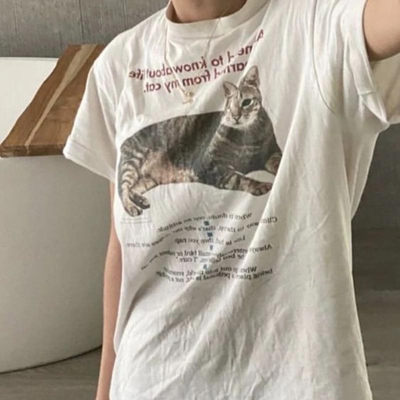 Female Cat Funny Quotes Graphic T-Shirts Short Sleeve Cute Cat Mom Tee Shirt Cat Lover Shirt Women Loose Vintage Aesthetic Tops