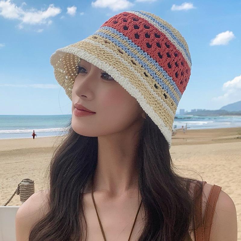 Women Hollow Crochet Bucket Hat Knit Fisherman Cap Lightweight Wide Brim Sun Hat for Summer Beach Outdoor Travel Daily Casual Sun Protection