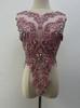 Rhinestone Tassel Dark Purple Beaded Lace Fabric with Motif Rhinestones Flower Shape Embroidery Trim for Wedding Dress