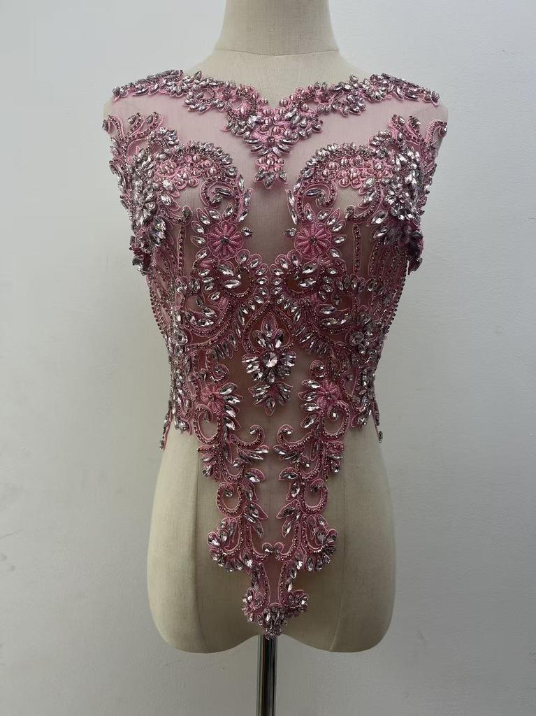 Rhinestone Tassel Dark Purple Beaded Lace Fabric with Motif Rhinestones Flower Shape Embroidery Trim for Wedding Dress