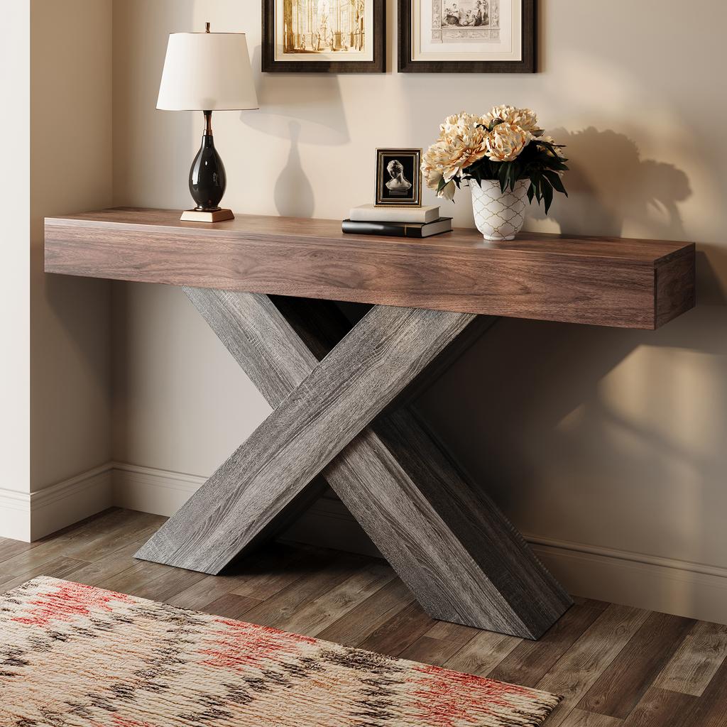 Console Table with X-Shaped Legs, Narrow Console Table, Wood Look, Chipboard, for Hallway and Living Room, Side Table