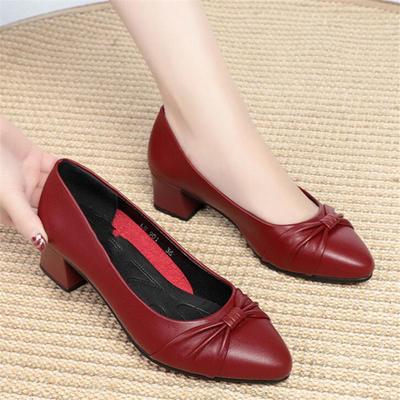 Women Stylish Round Toe Genuine Leather Square Heel Pumps Lady Casual Black Comfort Career Office Heel Shoes