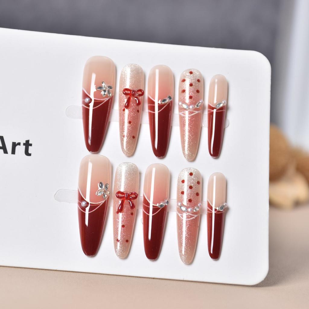 Wear nail red New Year's model cat eye long thin dog nail patch fake nail finished product