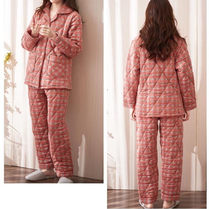 Pigiama Extra Spesso Donna Autunno Inverno 100% Cotone Loungewear Imbottito Tuta per la Casa di Mezza Età Scollo a V Fantasia Pigiami