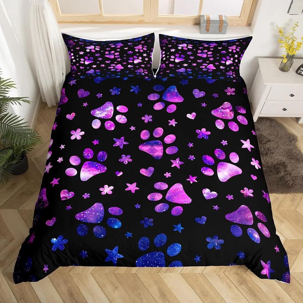 3D Print Dog Paw Print Bedding Set King Purple Galaxy Puppy Footprint Duvet Cover Pets Animal Themed Quilt Cover Set