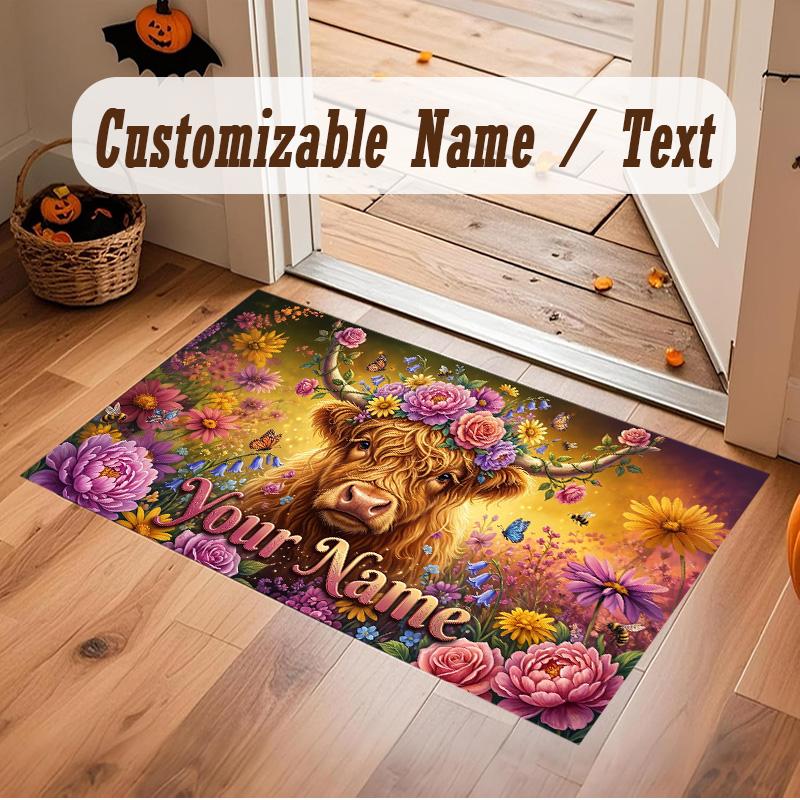 Highland Cow Theme Soft Crystal Velvet Rug Custom Name & Text Print Non Slip Floor Rug for Bedroom Living Room