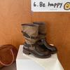Versatile round head thick heel fashion boots, thin color matching medium tube Martin boots for women, new spring and autumn belt buckle retro