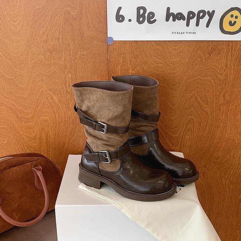 Versatile round head thick heel fashion boots, thin color matching medium tube Martin boots for women, new spring and autumn belt buckle retro