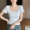 Square Neck Regular Shoulder Fitted Short Sleeve T Shirt Women Casual Inner Top