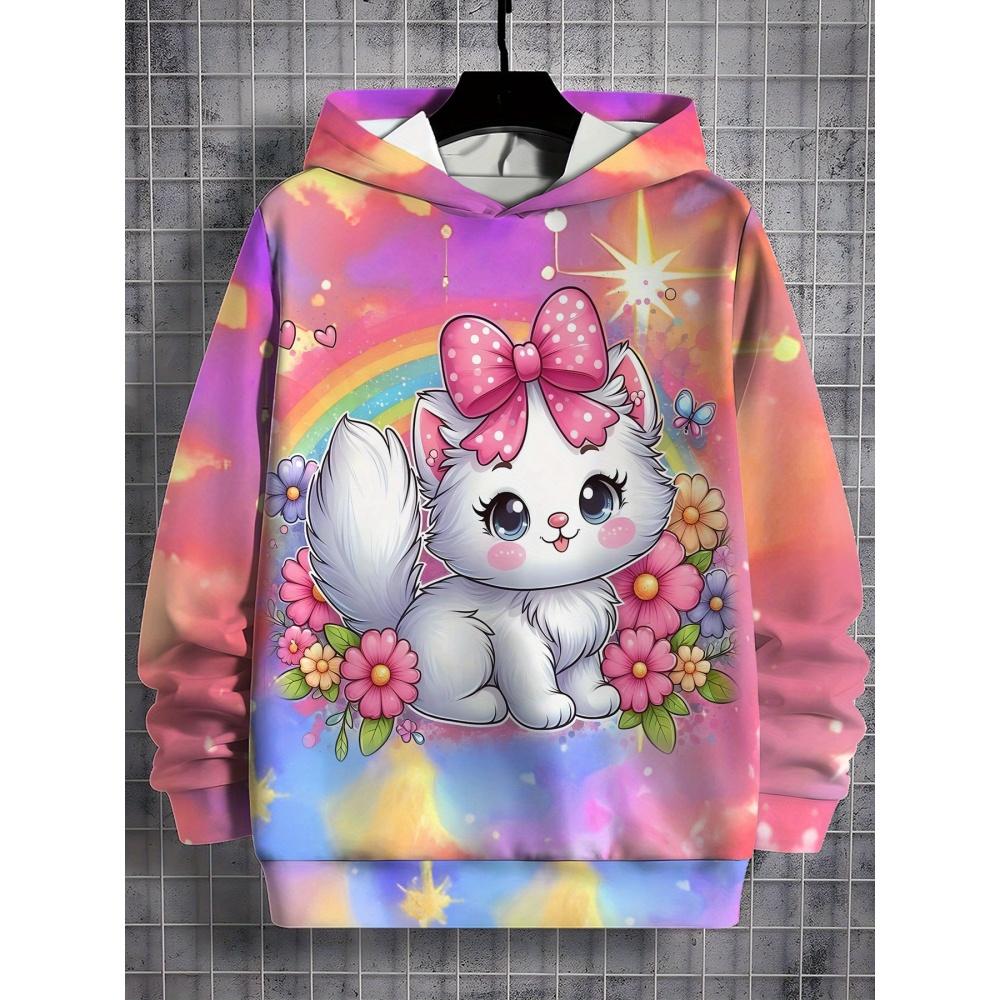 Girl Sweatshirt Pink Gradient Hoodie Cute Cat Print Spring Autumn Casual Pullover Long Sleeve Kids Clothing Top