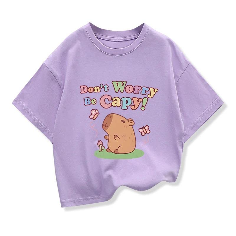 Capybara Print 100Cotton Tshirt For Kids 312Years Girl Anime Short Sleeve Tees Tops 2025 New Children Crewneck Loose Tshirt