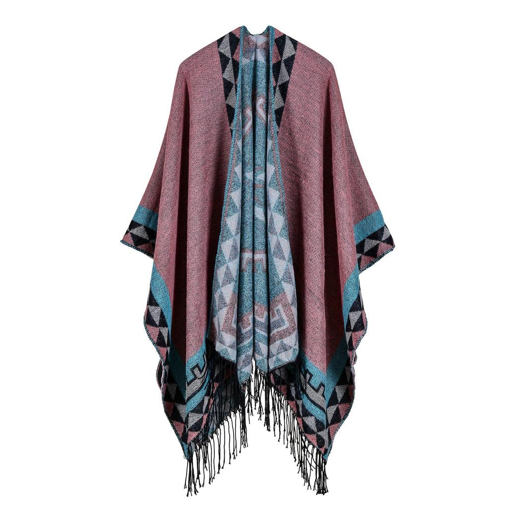 Versatile Plaid Women's Faux Cashmere Shawl: Ethnic Style Slit Cape for Autumn/Winter