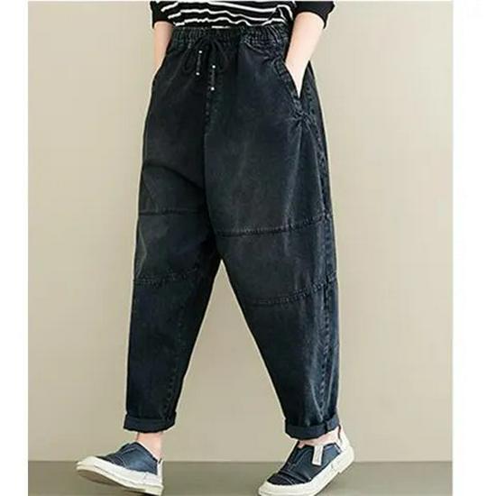 Women's White Distressed Elastic High-Waist Plus-Size Loose Fit Jeans