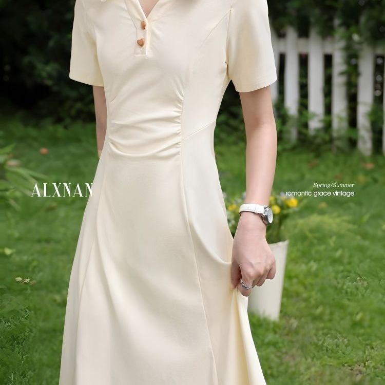 Women's French Summer A-line Polo Collar Waist-Cinching Dress, 2026 Style
