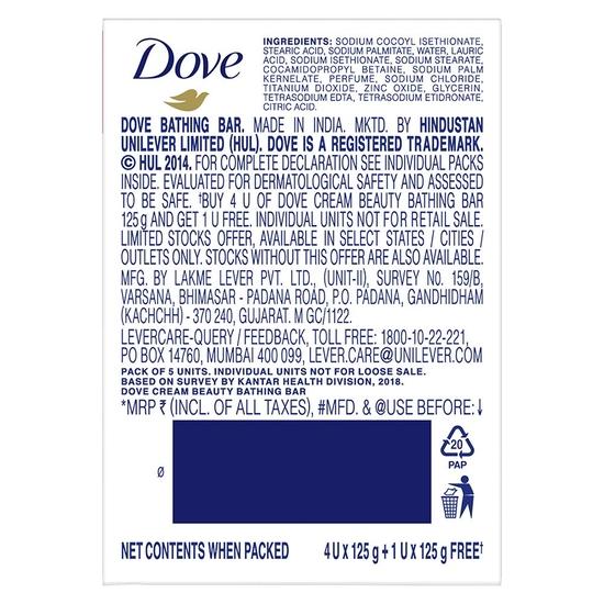 DOVE Cream Beauty Bathing Bar (Pack of 5) 125g Each For 24 Hour Nourished Skin with ¼ Moisturising Cream and Nutrient Serum