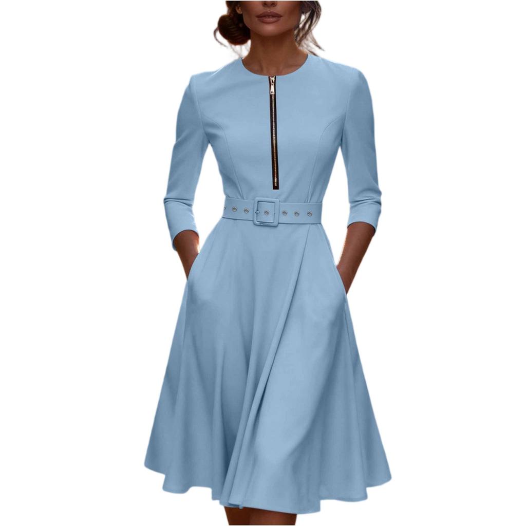 Women's Fashionable Round Neck Seven Quarter Sleeve Zipper Pocket Casual Dress With Belt
