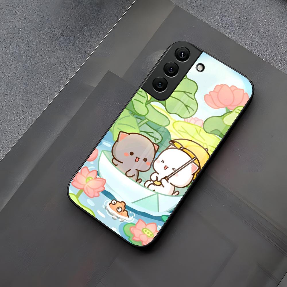 Fun Cartoon Peach Mochi Cat Phone Case Glass For Samsung Galaxy S23 S24 S21 S25 S22 S20 Ultra Fe Plus A55 A15 A14 Coque