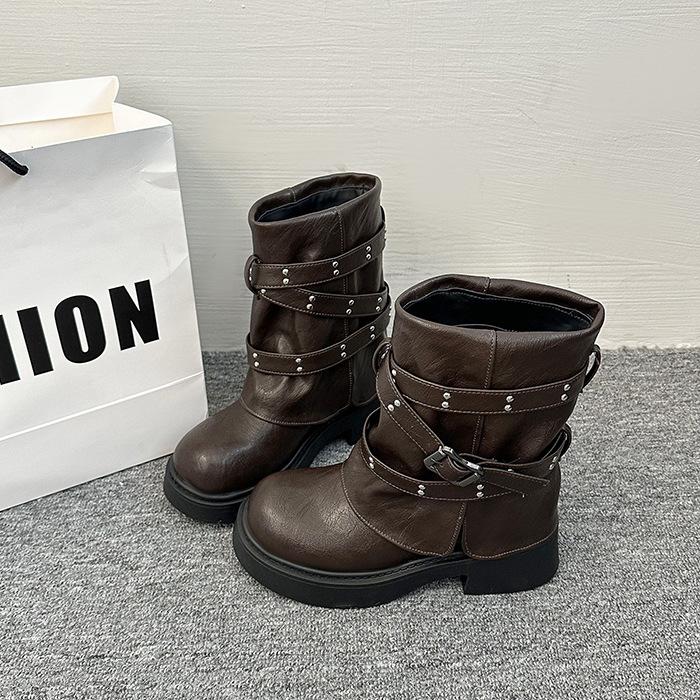 Maillard Trouser Boots 2025 New Retro Round Head Niche Design Medium Tube Boots Rivet Knight Boots