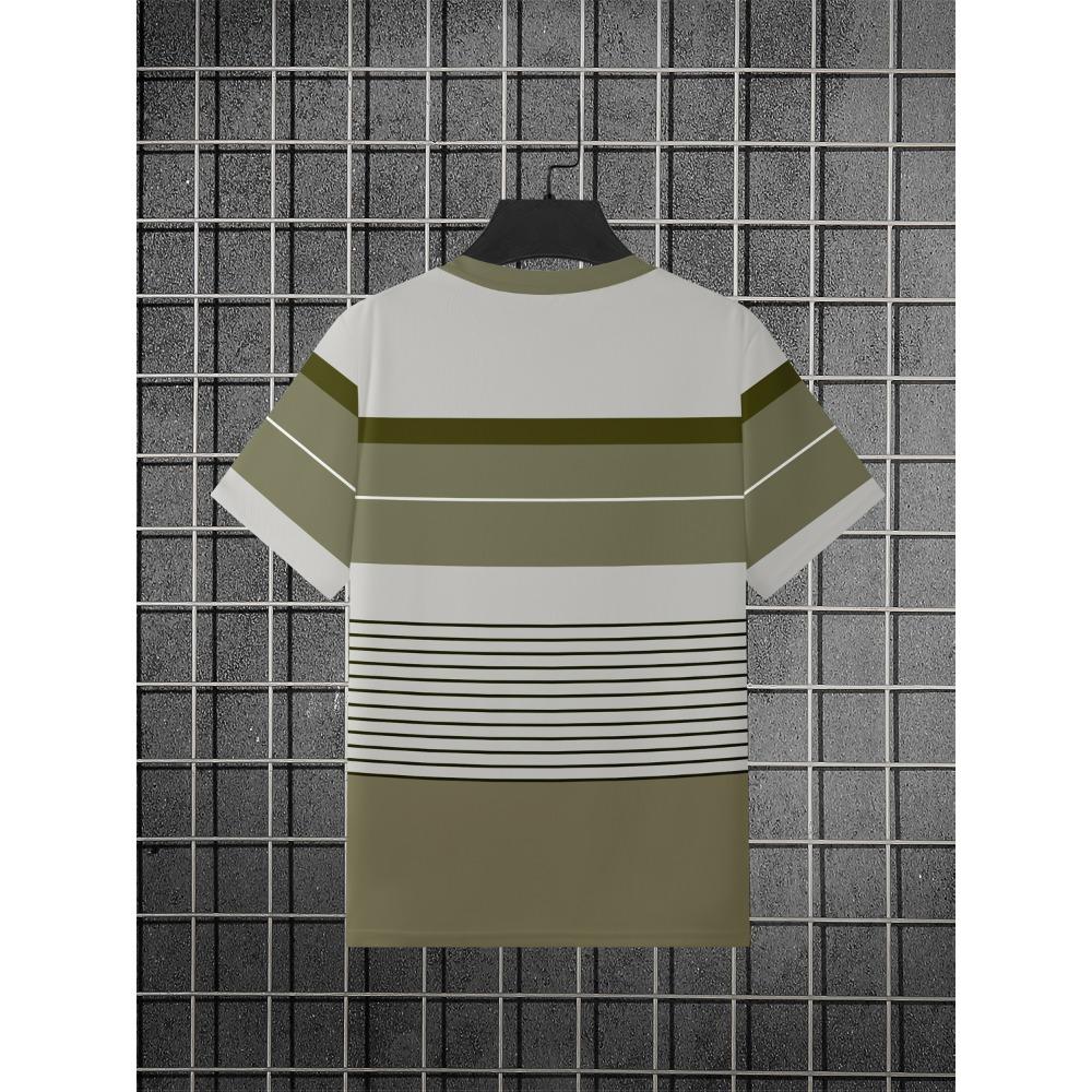 Men's Fashion Striped Patchwork 3D Print Short Sleeve - Casual Round-neck Stripes Design, Machine Washable, Suitable for All Seasons and Versatile