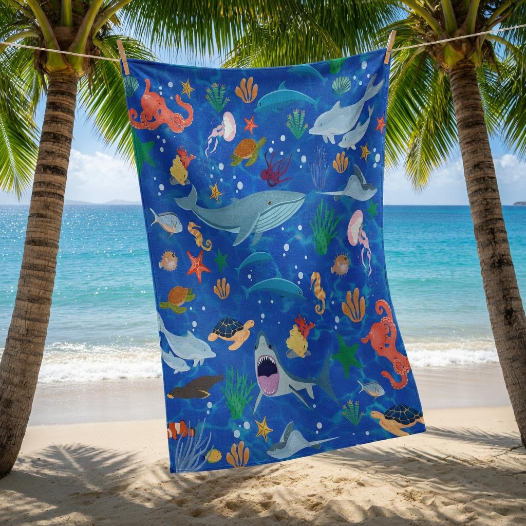 

Vibrant Blue Ocean Beach Towel Flat Print Cute Shark Whale Microfiber Absorbent Pool Towel for Outdoor Beach Party Kids Gift W40*H60(CM)