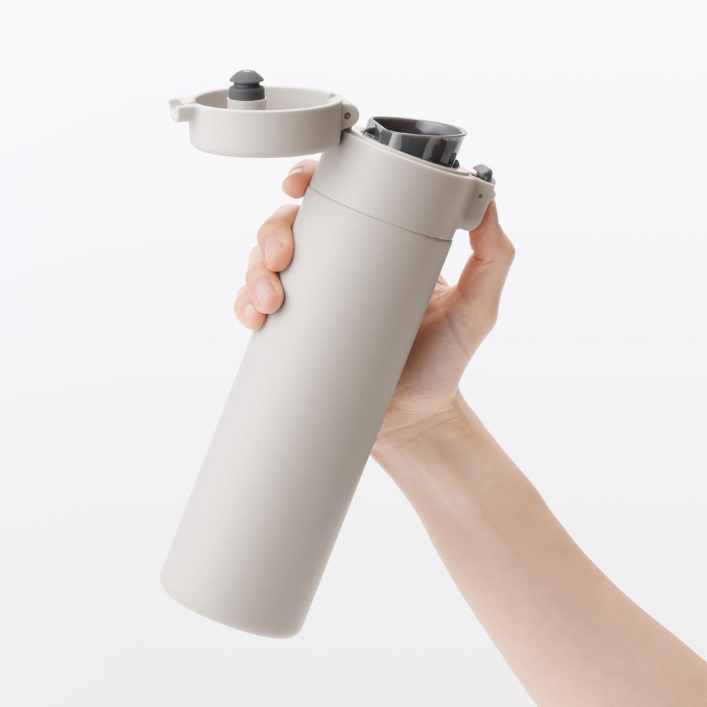 MUJI Vacuum Insulated Insulated Gray 76049111 Bottle, One-Touch Type, 500mL, Beige,