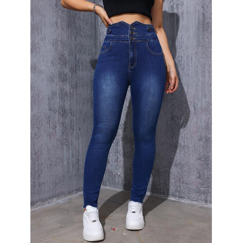Women High Waist Slim Stretch Denim Jeans Ladies Bodycon Button Pencil Pants
