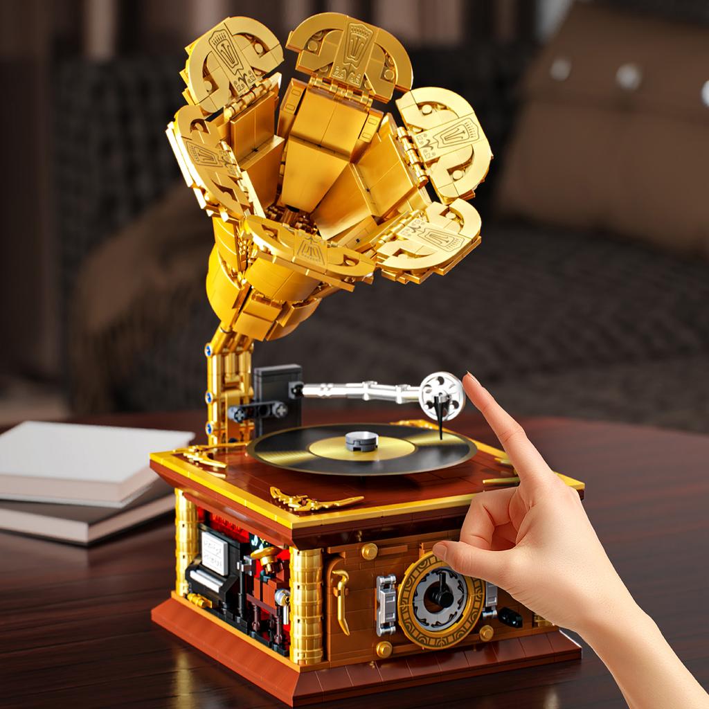 1011 ks Retro gramofon Stavebnice Hračky Model Gramofonu Skládačka Kostky Hračky Pro Děti Stolní Ozdoba Dárky