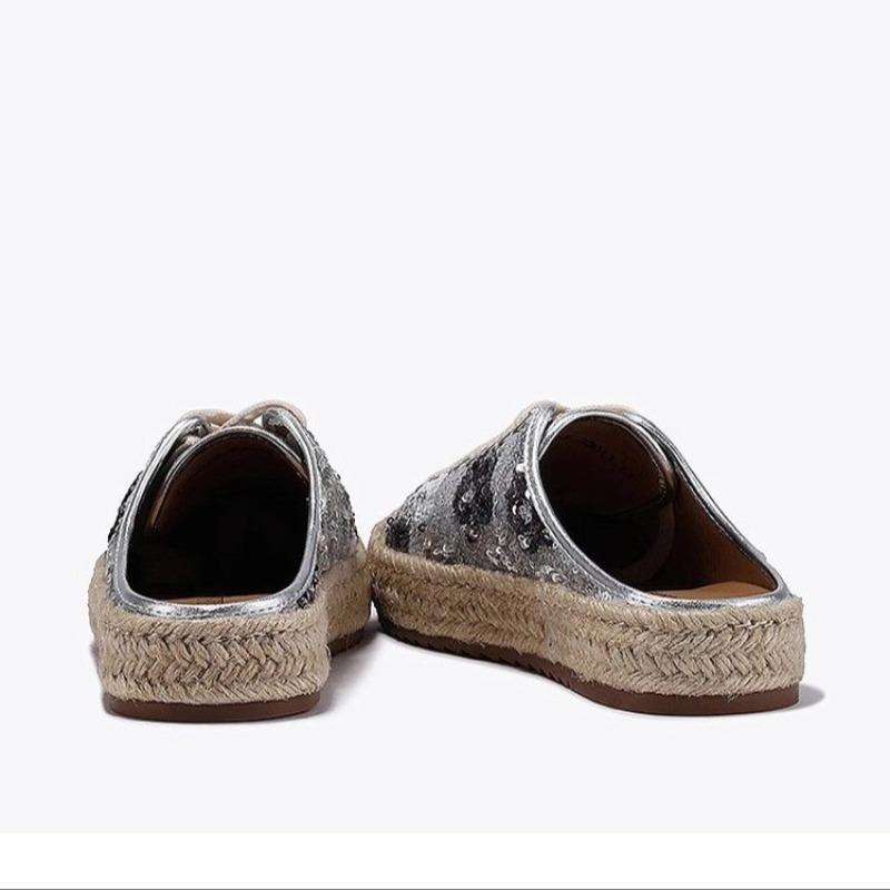 Fashionable Sequined Toe Half-slipper Women's 2025 Summer New Thick-soled Straw Woven Hemp Rope Fisherman's Shoes