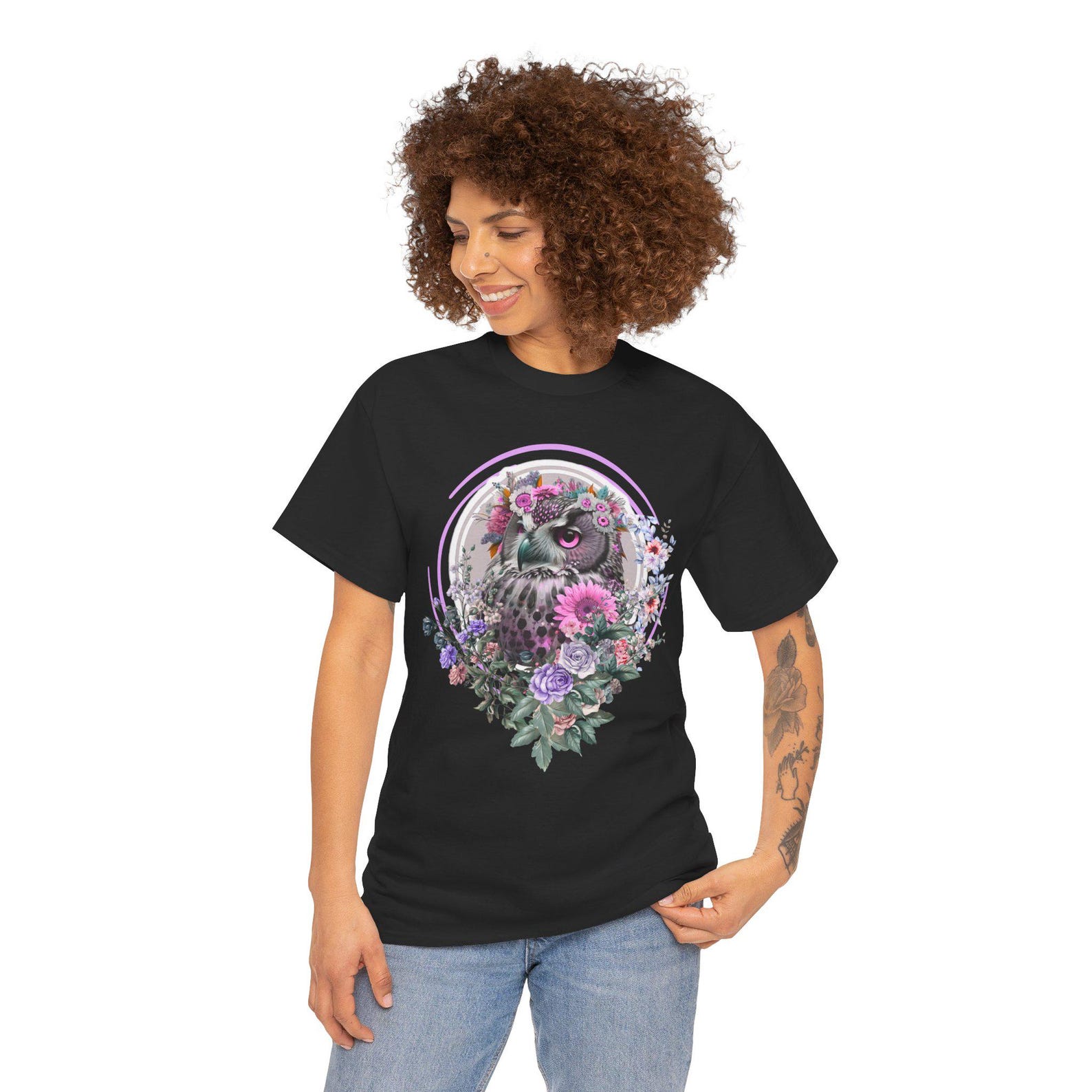 Owl Surrounded by Flowers T-Shirt | Cute Animal Nature Tee 3XL