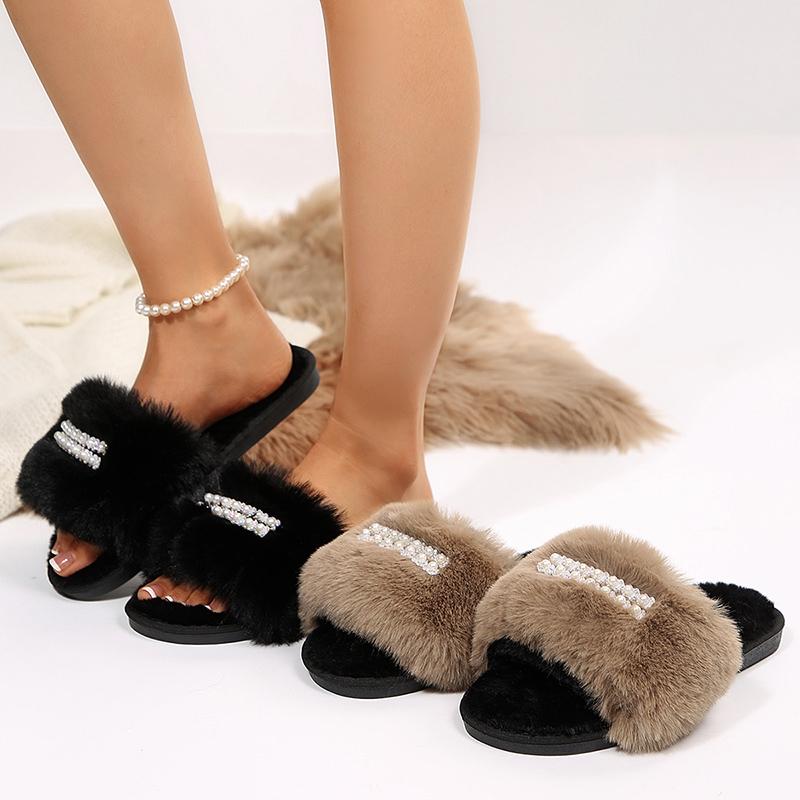 Autumn Winter Open Toe Fluffy Fur Slippers Women Pearls Decor Non Slip Plush Home Slides Woman Comfort Soft Sole Furry Slippers