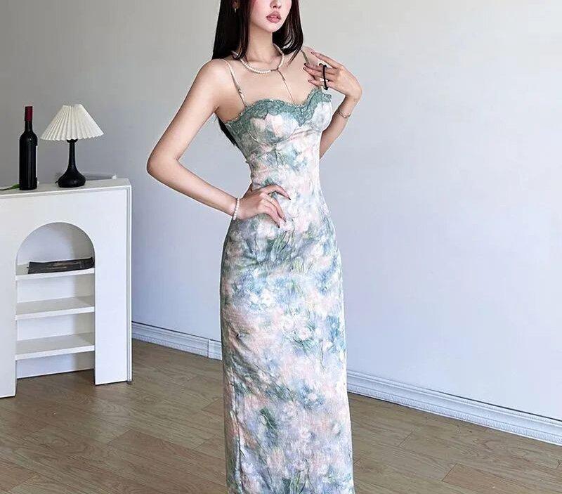 French gentle lace floral suspender skirt suspender summer new dress temperament thin waist dress