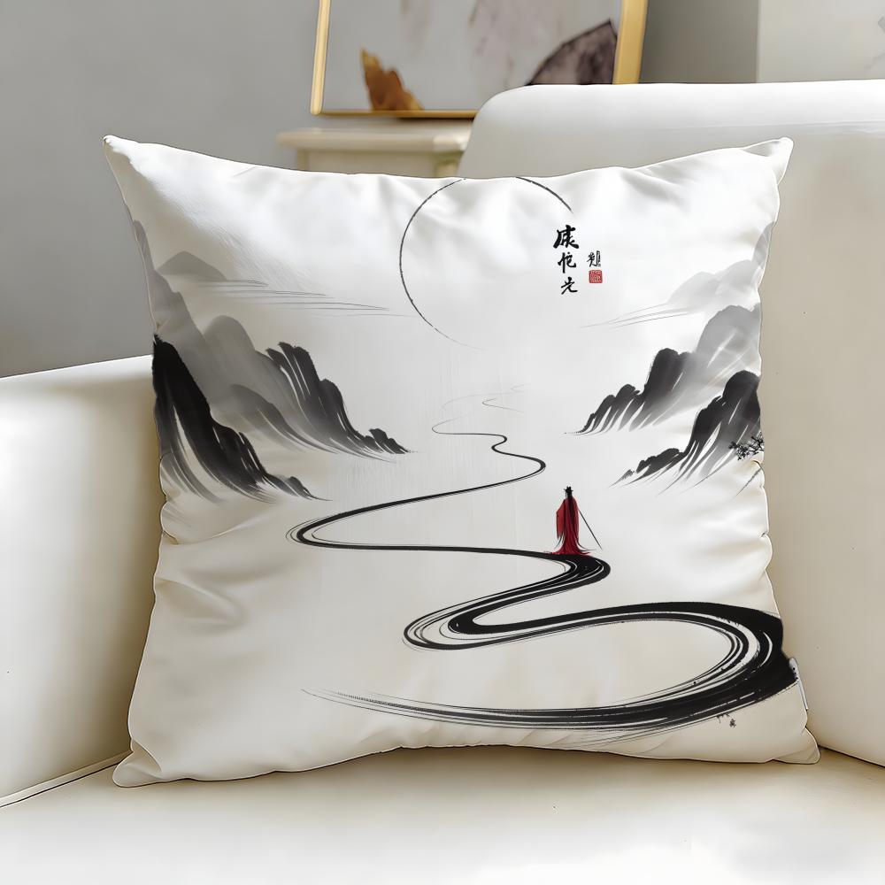 theme Chinese Ink Painting Style Cushion Cover Soft  EasyWash Pillow Case  Versatile for Couch Bed Travel and Office