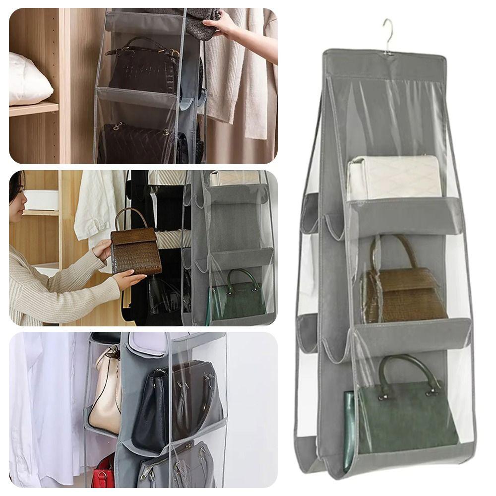 1Pcs Gray Hanging Handbag Organizer 6 Pockets Clear Sundry Bag New Storage Bag  For Wardrobe Closet