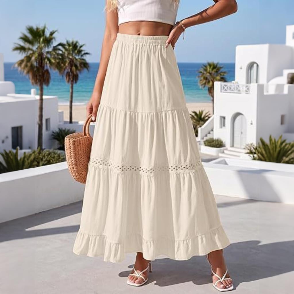 Women's Long Cotton Skirt Elastic Waist Lace Trim Tiered A-Line Maxi Skirt Lightweight Pleated Half Length Skirt Casual Summer Skirt