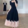 New fashion temperament lace splicing contrasting color dress women's summer large size slim waist A-shaped long dress