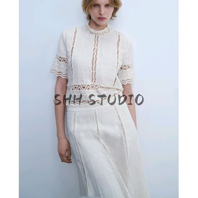 Women's Stand Collar Crocheted Detail Short Sleeve Shirt 2731043 Crocheted All-Matching Comfortable Skirt 2731044