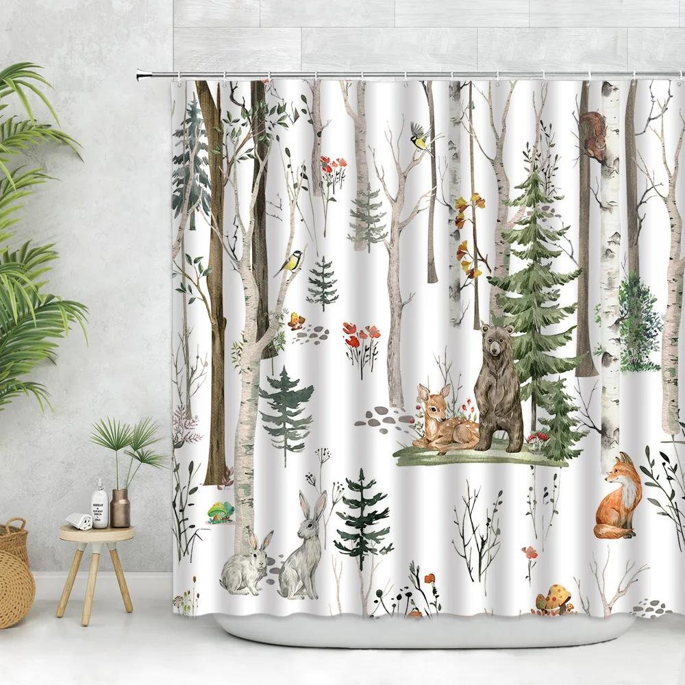 Forest Animals Shower Curtains Reindeer Fox Squirrel Elk Bear Wildlife Plants Farm Bird Painting Home Bathroom Decor With Hooks