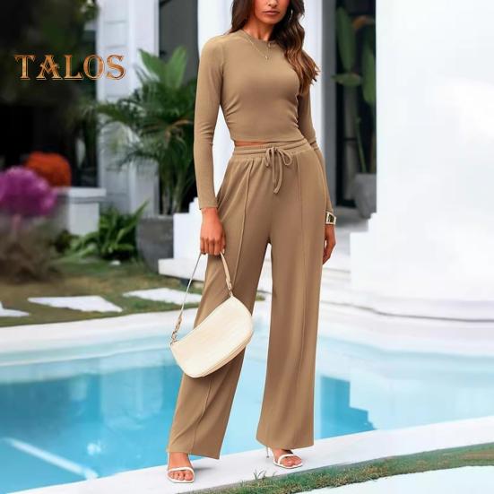 2 Pcs/Set Women Top Pants Suit Round Neck Long Sleeves Slim Fit Top High Waist Drawstring Wide Leg Trousers Tracksuit Casual Daily Wear Outfit