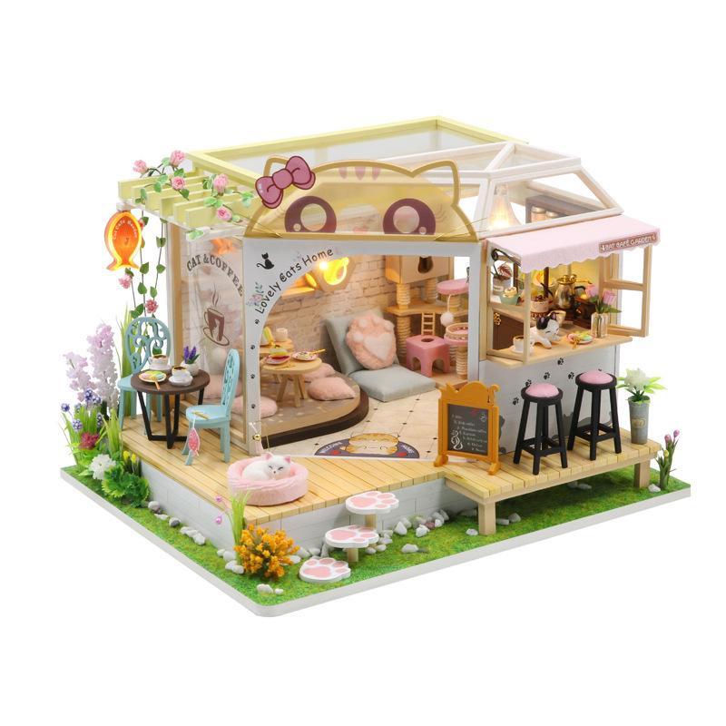 Lovely Cats Home Cat Cafe Store Dollhouse Wooden Diy Handmade Toys Hut 3D Assembled Puzzle Cat Cafe Small Garden Birthday Gifts for Children