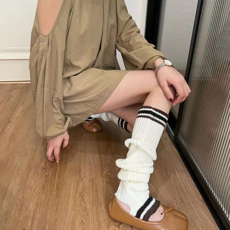 Student Vintage Double Striped Ribbed Knit Leg Warmers Slouch Leg Covers Boot Cuffs Stretchy Long Boot Socks for Women