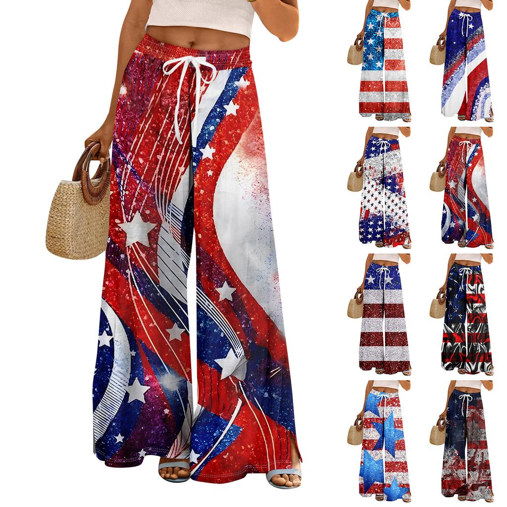 Women Summer Boho Palazzo Pants High Waist Wide Leg Independence Printing Casual Trousers With Pockets