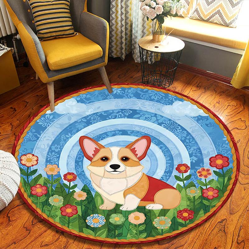 

Cute Corgi Fox Round Area Rug,Carpet Rug for Living Room Bedroom Sofa Playroom Decor,Non-slip Floor Mat 80cmx80cm