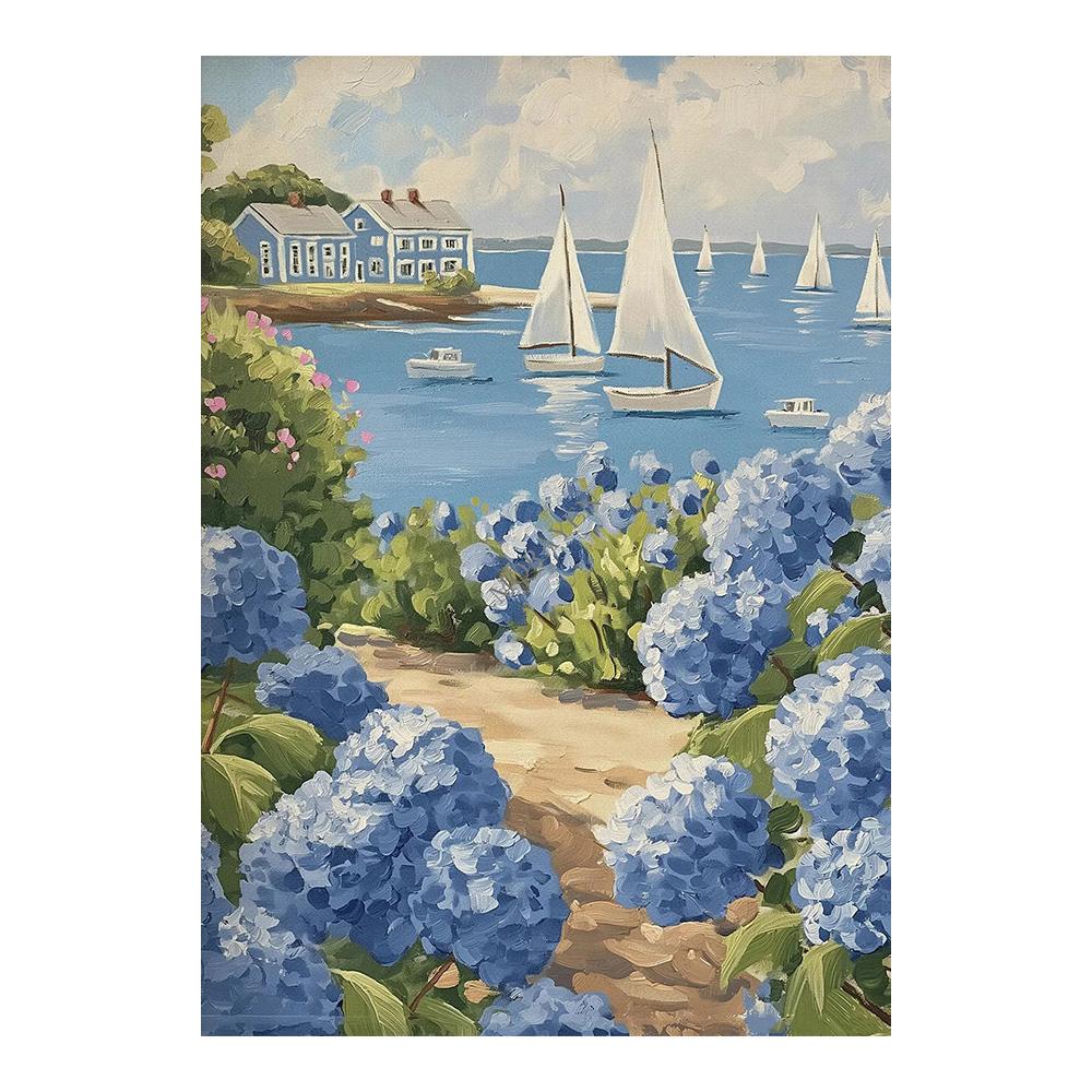 Blue Coastal Beach Seashell Sailboat Posters Prints Canvas Painting Wall Art Pictures Living Room Home Decor Cuadros
