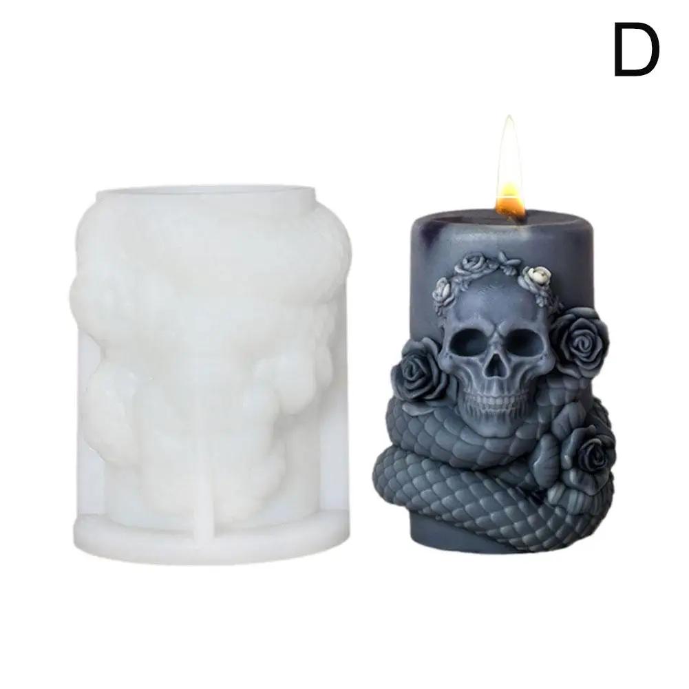 Skull Flower Snake Column Candle Silicone Mold Geometric Halloween Decor Candle Aromatherapy Gypsum Cylindrical Handicraft O4Q3