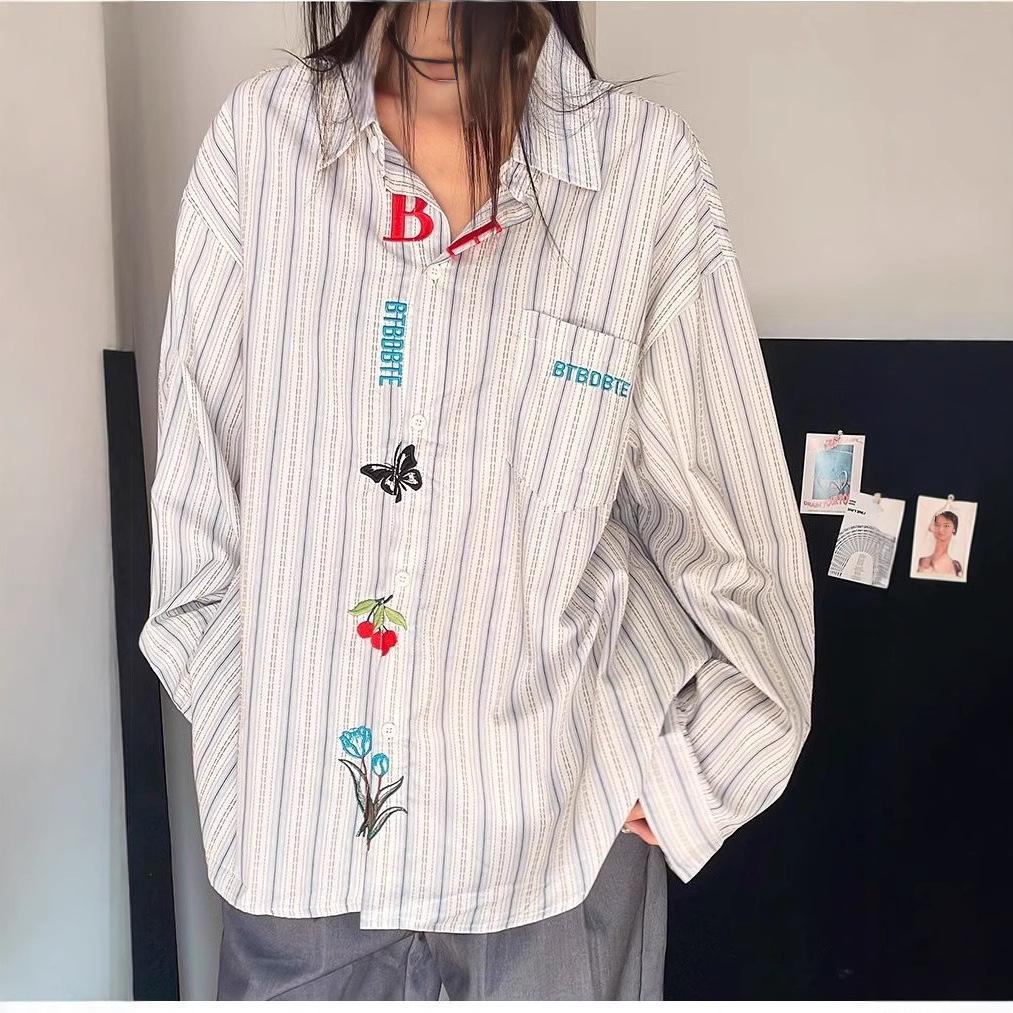 Unisex Retro Striped Long-Sleeve Embroidered Shirt: Versatile Casual Wear for Spring & Autumn