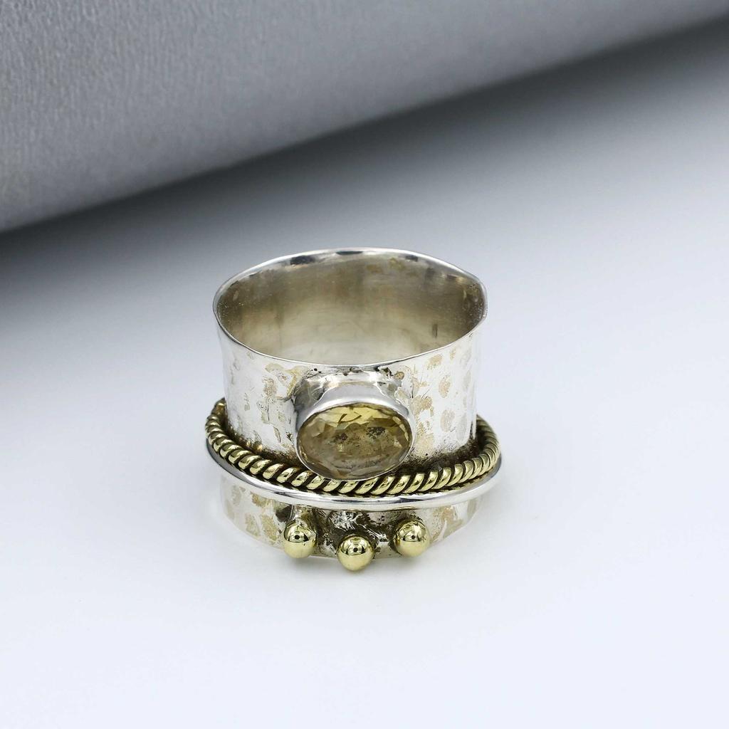 Citrine Gemstone Ring, Boho Designer Ring, Handmade Ring, Spinner Band Ring, Fashion Jewelry, Unisex Ring