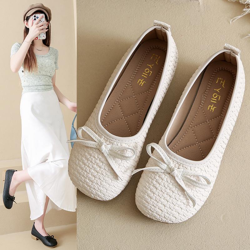 Shallow Mouth Flat Bottom Small Leather Shoes Women's Autumn New Round Head Bow Low Heel Casual